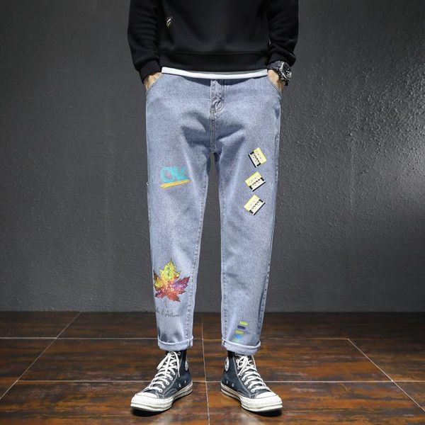 

men's jeans 2021 winter loose four big size harem pants trendy fat plus print trousers men, Blue