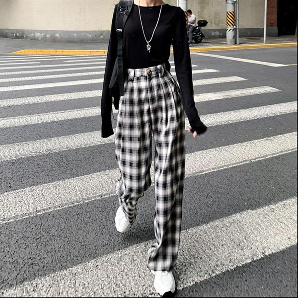 

korean style plaid students jokers womens pant grid black and white checkered loose trousers, Black;white
