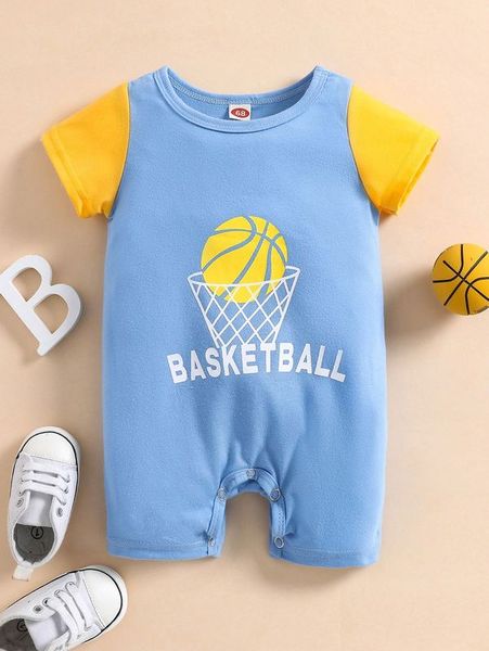 

baby basketball & letter graphic contrast sleeve romper she, Blue
