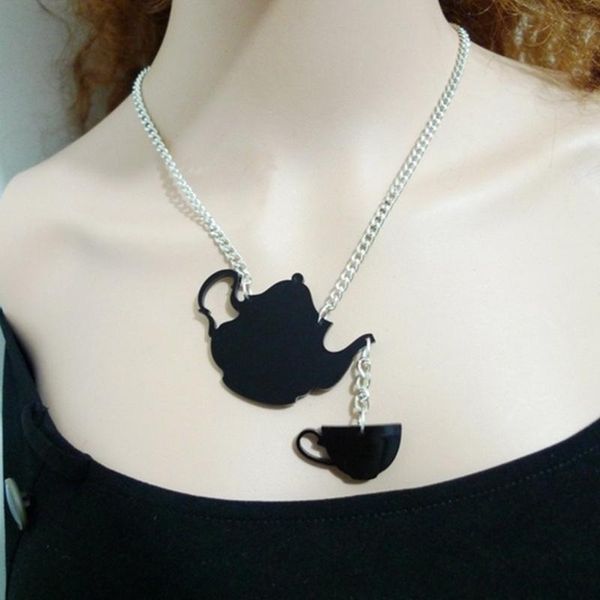 

pendant necklaces fashion acrylic jewelry custom women black teapot necklace for mens link chain hiphop rock, Silver