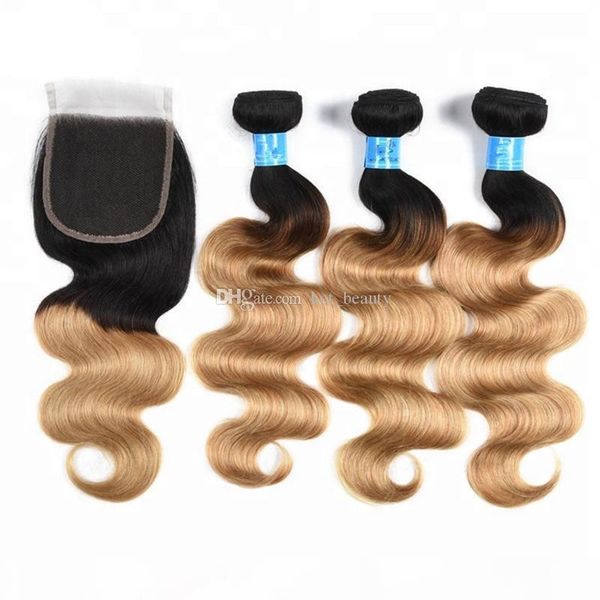 

body wave 3bundles human hair extensions with 4x4 part lace closure two tone ombre color 1b 27 natural black to cameral blonde