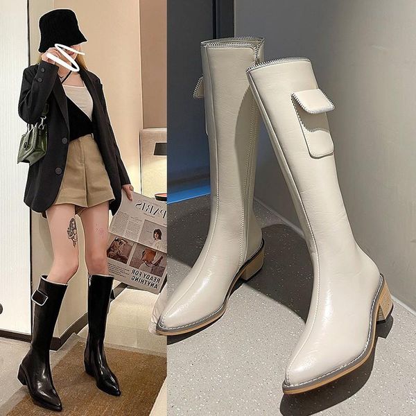 

boots synxdn white high woman's autumn rubber for lady knee fashion zip mid heels motorcycle bootines, Black