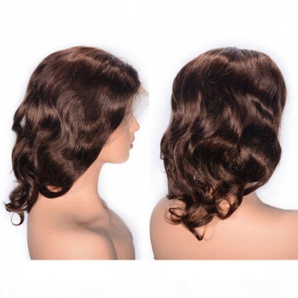 

brazilian human hair lace wigs 130% density wavy lace front wig swiss lace medium brown 12inch short hair wig, Black;brown