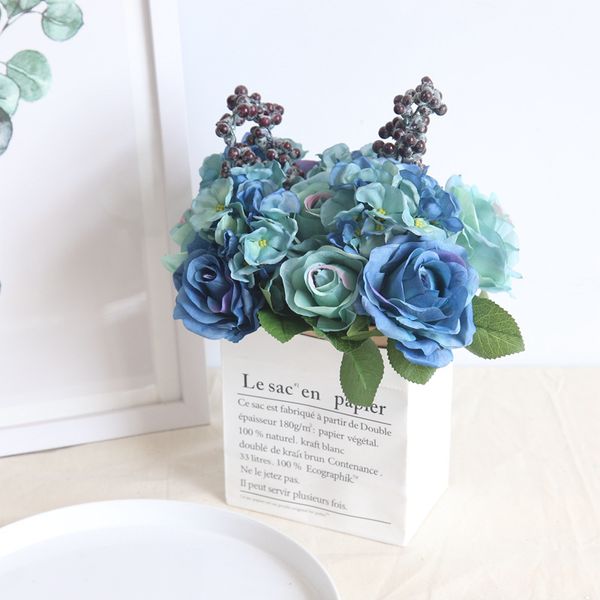 

high-grade bue hydrangea fowers artificia bouquet brida hand fower roses wedding centerpieces decor artificia fowers