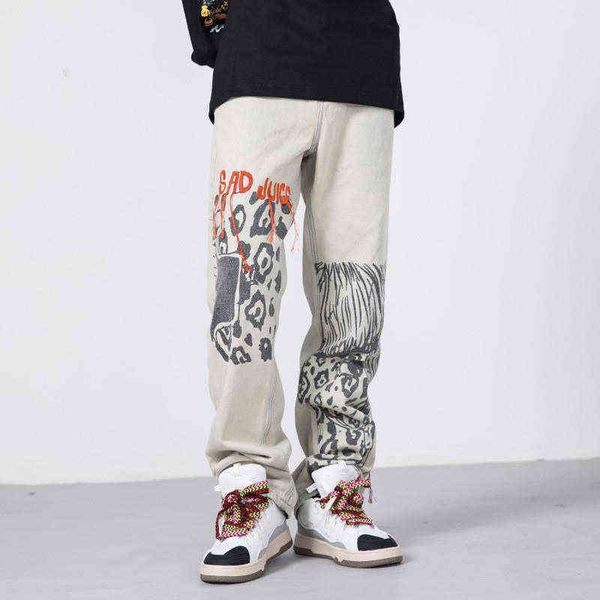 

leopard jeans streetwear embroidery harajuku pants kpop clothes men's baggy fashion trendyol trousers denim hip hop vintage 0309, Blue