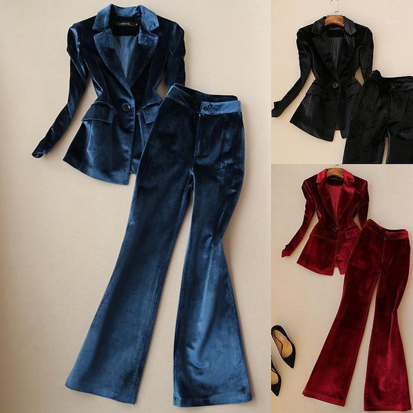 

finer choi's luxury office wear velvet suit blazer and flare pants women clothing set, White