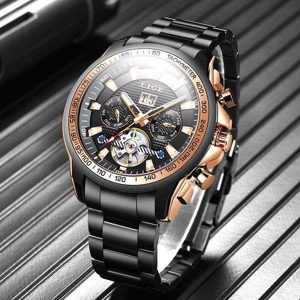 

lige sapphire glass automatic watch men brand luxury full steel sport mechanical watch fashion 100m waterproof men watches 210527, Slivery;brown