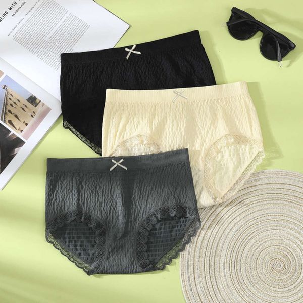 

seamless middle waist crotch lace briefs, Black;pink