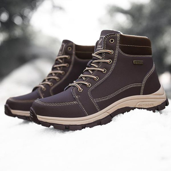 

boots winter warm men add fur snow handmade waterproof working ankle high shoes outdoor sneakers big size 46, Black