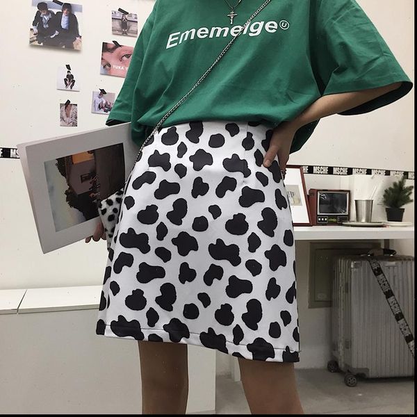 

new womens korean of harajuku style cow printing a line skirt elastic waist half skirt female drop shipping, Black