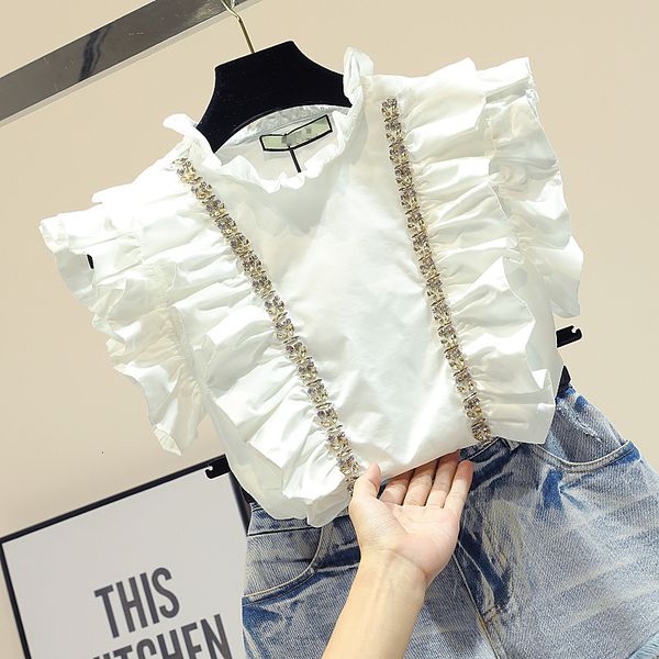 

ins super fire short sleeves white shirts candy lotus leaf diamond accounts chiffon forrated blusa summer fashion bluffs exvr, Black