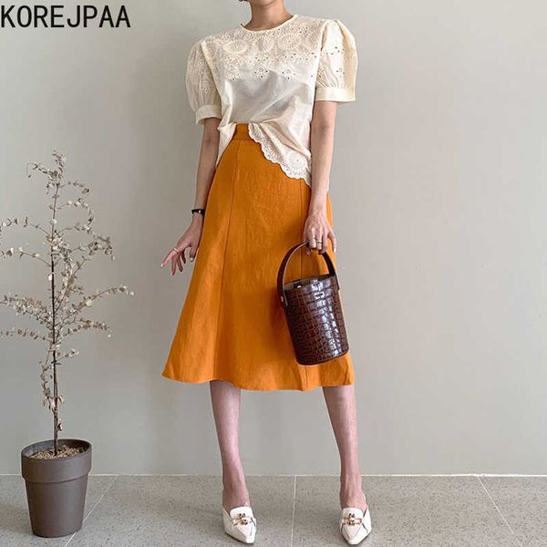 

korejpaa women set summer korean chic female french lace hollow lace puff sleeve shirt high waist loose a-line skirt sets 210526, White