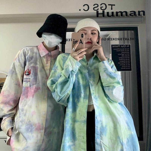 

tie-dye long-sleeved shirts women punk korean loose bf wind wild shirt couple large version purple chic and 210526, White