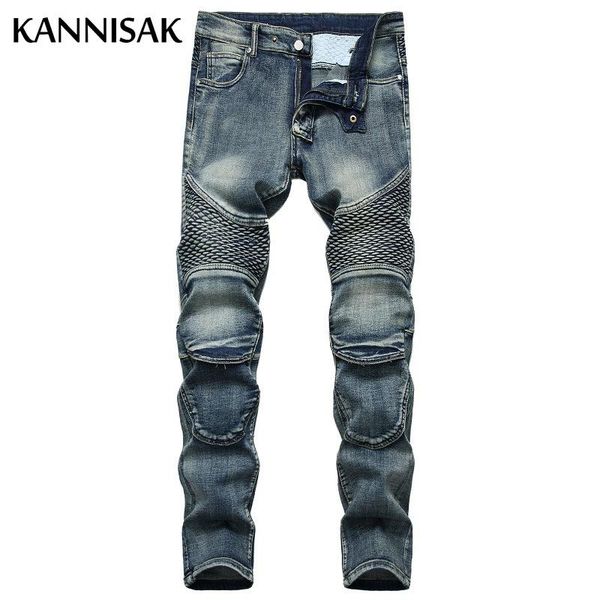 

men's jeans fashion men 2021 moto nostalgic biker denim pants full length pencil slim male streetwear hip hop appliques trousers, Blue