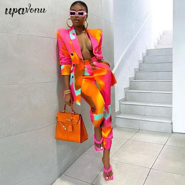 

women's two piece pants women blazer set office suit jacket fashion lapel long sleeve double breasted tie-dye & two-piece, White