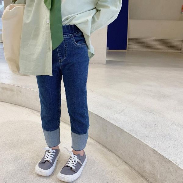

trousers jeans pants full length solid straight skinny elastic waist cotton casual fahsion spring autumn girls children kids, Blue