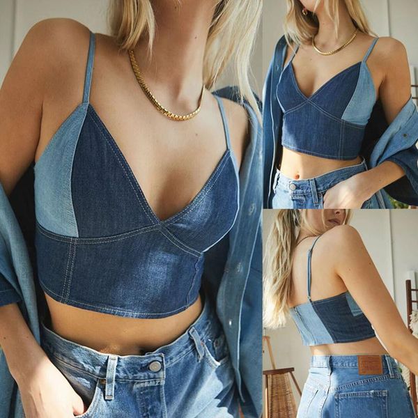 

women's tanks & camis tank fashion v neck cowboy patchwork sleeveless vest t-shirt loose strap camisetas de mujer sexy, White