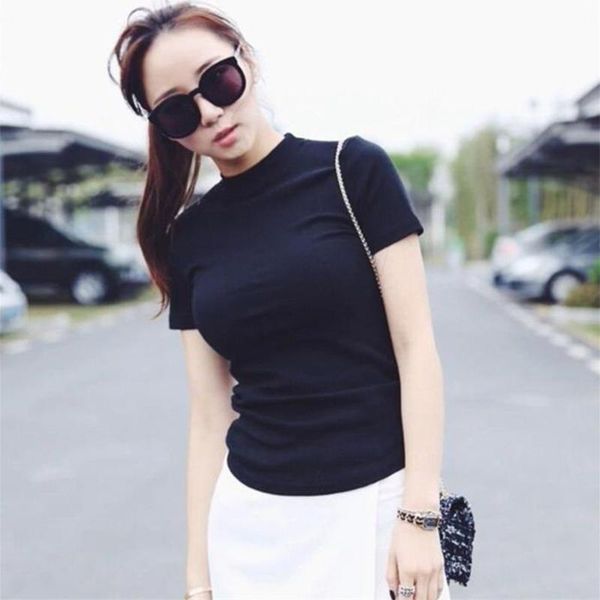 

women's t-shirt mock neck solid casual t shirt tee women stand collar short sleeve slim summer female cotton t-shirts, White