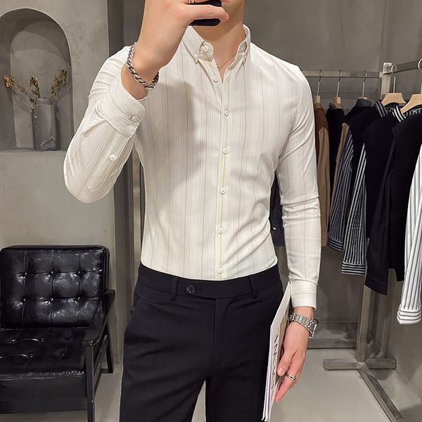 

new estilo britnico preto/branco outono inverno manga longa camisas listradas roupas masculinas magro ajuste formal so9p, Black;brown
