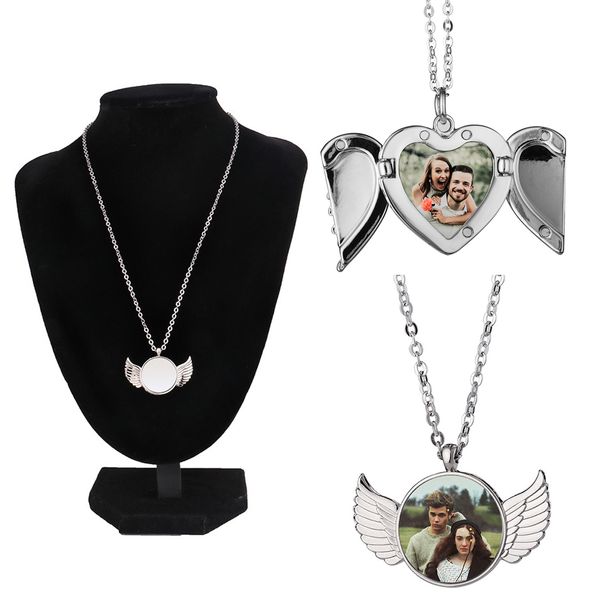 

angel wings friendship light heart locket pendants for women men openable p frame glossy stainless steel necklaces family love collar, Silver