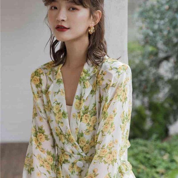 

women's knits & tees chiffon floral long blouse women sleeve high low flower ladies lapel lace up yellow korean gq1d, White