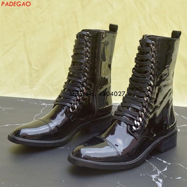 

boots fashion ankle patent leather women chain shoes punk style lace-up female motorcycle black white
