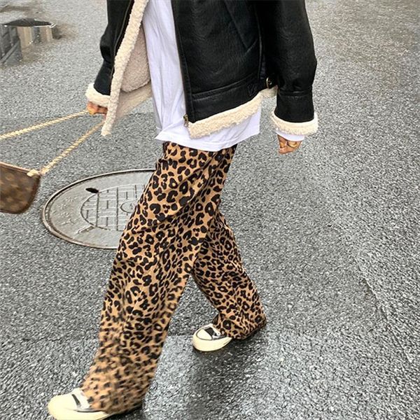 

y2k leopard print womens capris wide leg autumn and winter outer wear all match high waist straight trend, Black;white