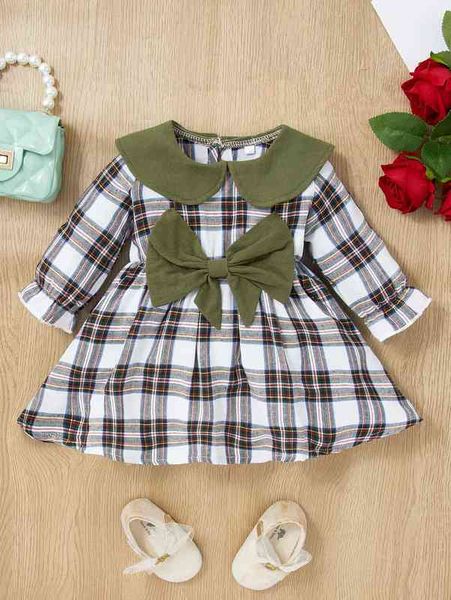 

baby tartan flounce sleeve peter-pan collar bow front dress she, Red;yellow