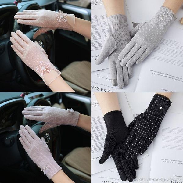 

five fingers gloves women summer cotton lace cycling non-slip touch screen uv sun protection bowknot floral decor breathable short mittens, Blue;gray