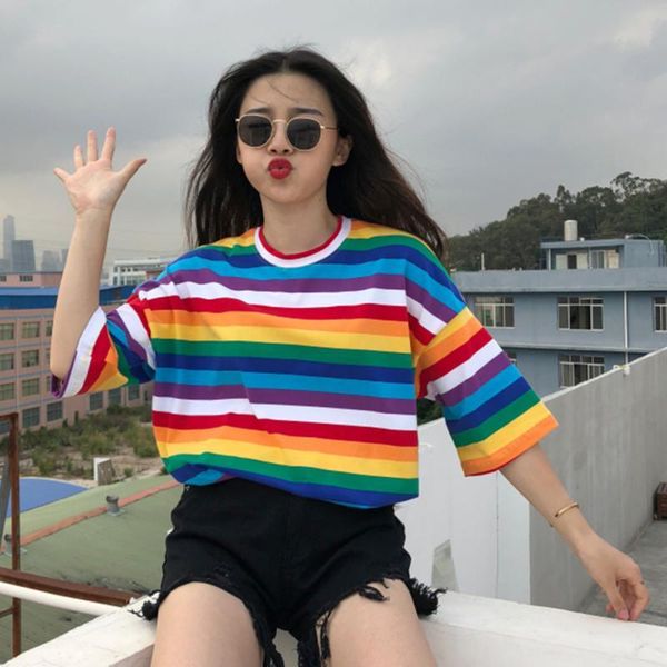 

women's t-shirt ladies sweet rainbow striped punk korean fashion summer round neck short sleeve couple clothes casaco, White