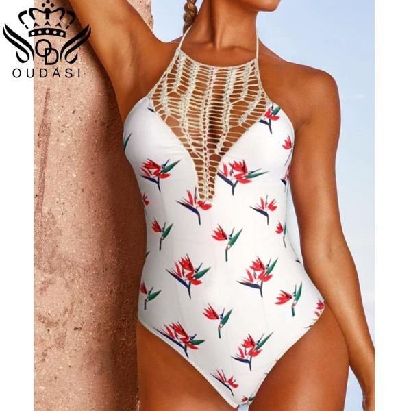 

oudasi new one piece swimsuit deep v swimwear women ruffle flounce beach wear strappy monokini backless print bathing suit