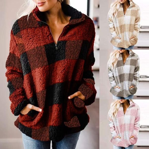 

women's jackets women plaid long sleeve zipper sherpa fleece sweatshirt pullover jacket coat with pockets autumn winter casual sweater#, Black;brown