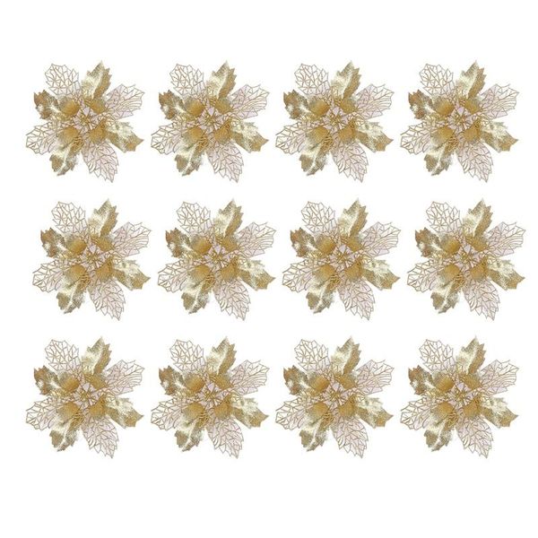 

christmas decorations 12pcs golden artificial flower glitter fake tree ornament decoration