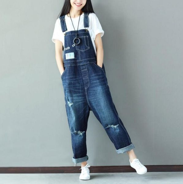 

women's jumpsuits & rompers autumn korean denim womens jumpsuit ladies hole patch overalls loose casual jeans suspender pants female p5, Black;white