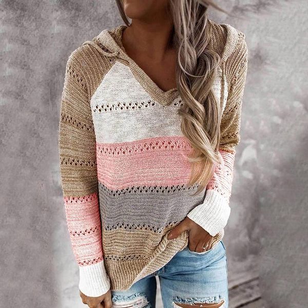 

women's sweaters fashion hollow out women hooded striped patchwork autumn loose pullover ladies casual plus size knit jumpers, White;black