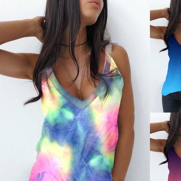 

gradient shirts women summer 2021 v neck sleeveless blouse shirt elegant tie dye backless off shoulder print blouse, White