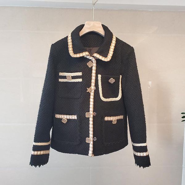 

high-end tweed wool jacket coat autumn winter new vintage style chic single-breasted long sleeve thicken women's outwear, Black