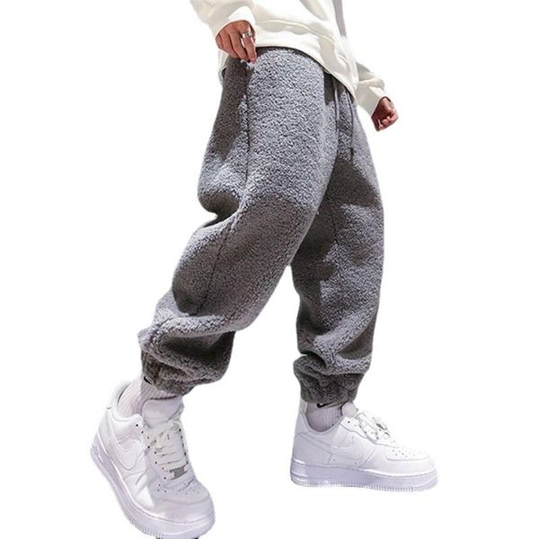 

men's pants 2021 winter lamb down trend hip-hop high street loose-fitting plus velvet thick warm bundle casual men, Black