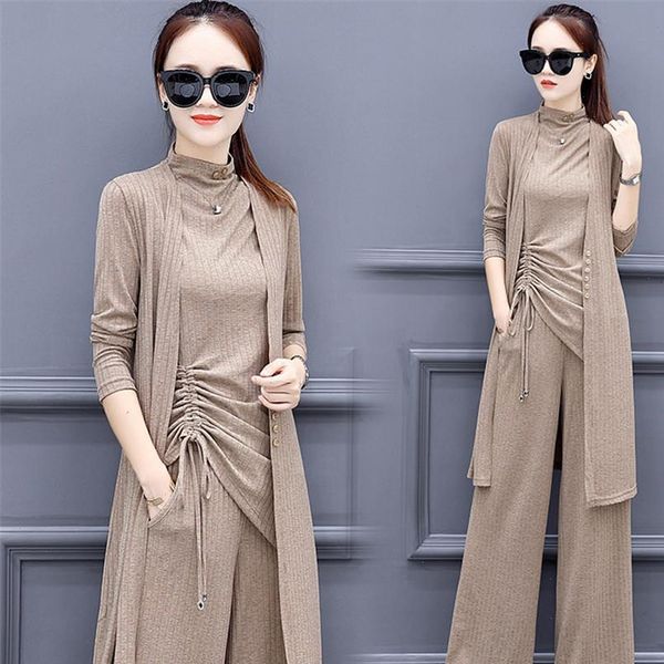 

2021 new women 3pcs tracksuit long coat crop pants sets casual autumn outwear solid sweater suits plus size s 5xl, Gray
