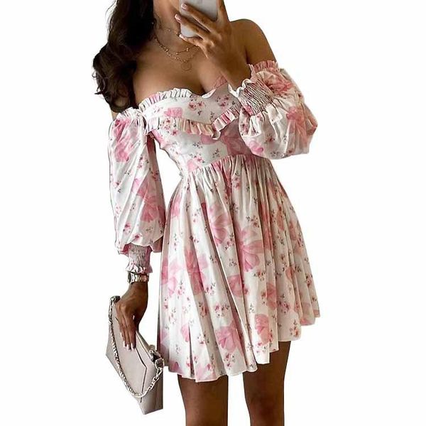 

casual dresses women robe femme spring autumn flower print a-line shrinkage ruffles slash neck long sleeve slim dress for woamn vestido, Black;gray