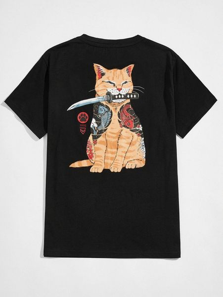 

romwe x vincenttrinidadart guys cat graphic print back tee f6oa#, White;black