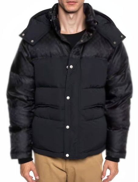 

men nylon short down jacket letter jacquard coat designer male padded hood snap button zipper pocket winter warm outwear, Black