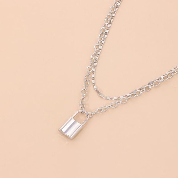

pendant necklaces fashion silver color double layer lock necklace women personality punk style long sweater chain