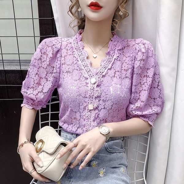

white v neck purple yellow lace blouse shirt women v neck short sleeve hollow front button casual fashion women ladies clothing