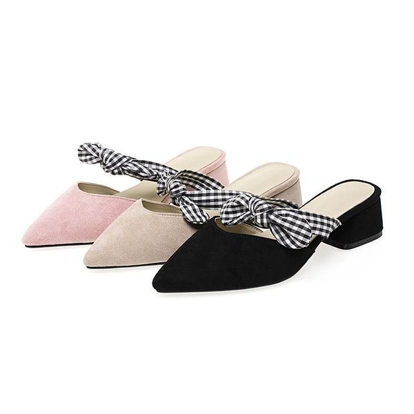 

slippers shoes women ladies' med pantofle beige heeled sandals square heel pointed toe low luxury slides flock soft summer flat, Black