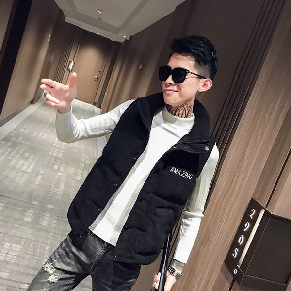 

men's autumn and winter coat korean trend corduroy cool casual down cotton jacket versatile vest, Black;white