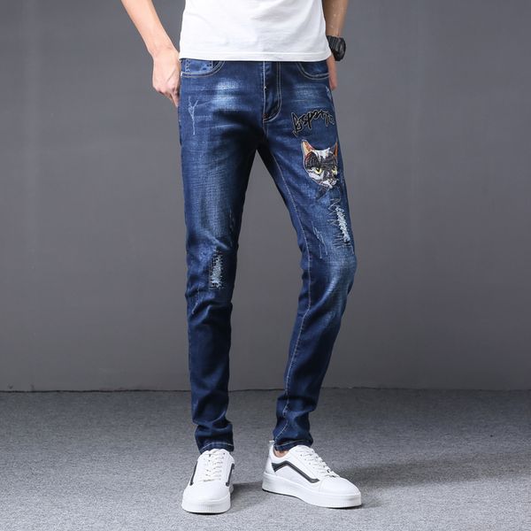 

2021 new korean mode casual men's brim straight torn hole woven blue printed homme denim pants plus size 29-38 sgls
