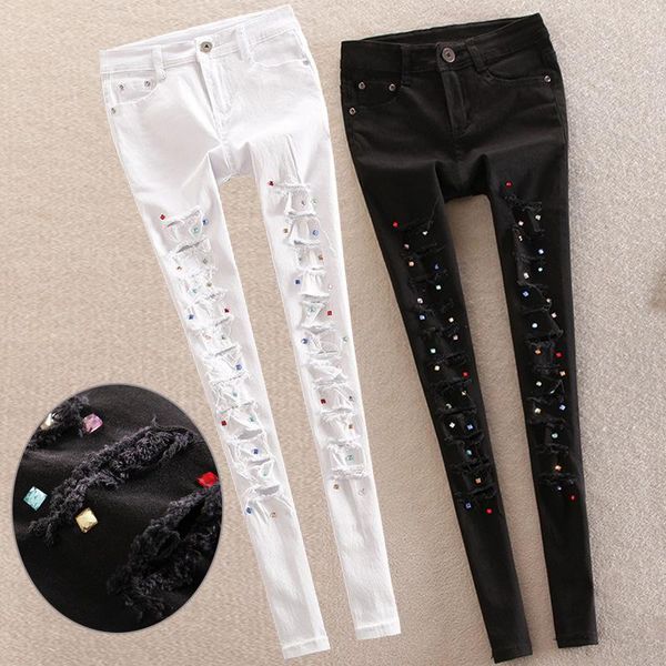 

women's jeans 2021 spring style female personality white was thin hole elastic pants trousers pencil, Blue