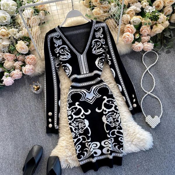 

casual dresses women dress vintage print v-neck long sleeve autumn winter 2021 slim bodycon black vestidos fashion ladies1, Black;gray