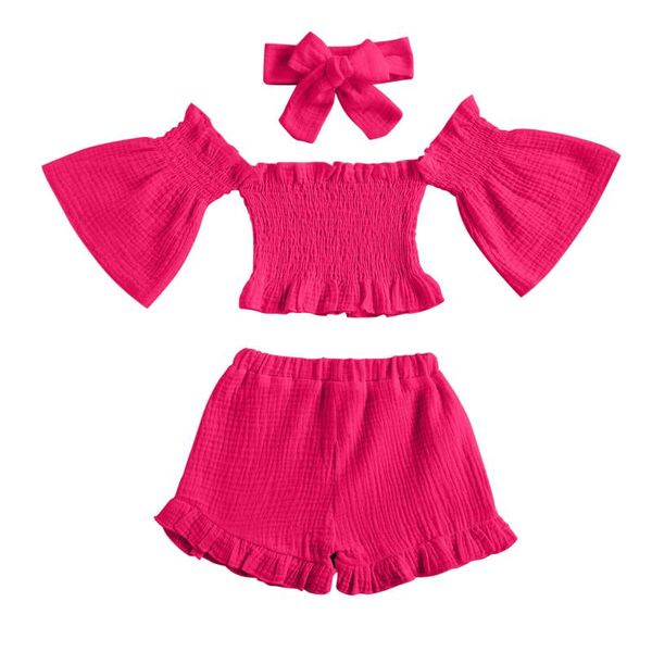 

clothing sets 1-6y summer kids clothes girls toddler baby off shoulder casual shorts shirt headbands 3pcs costume set pour filles, White